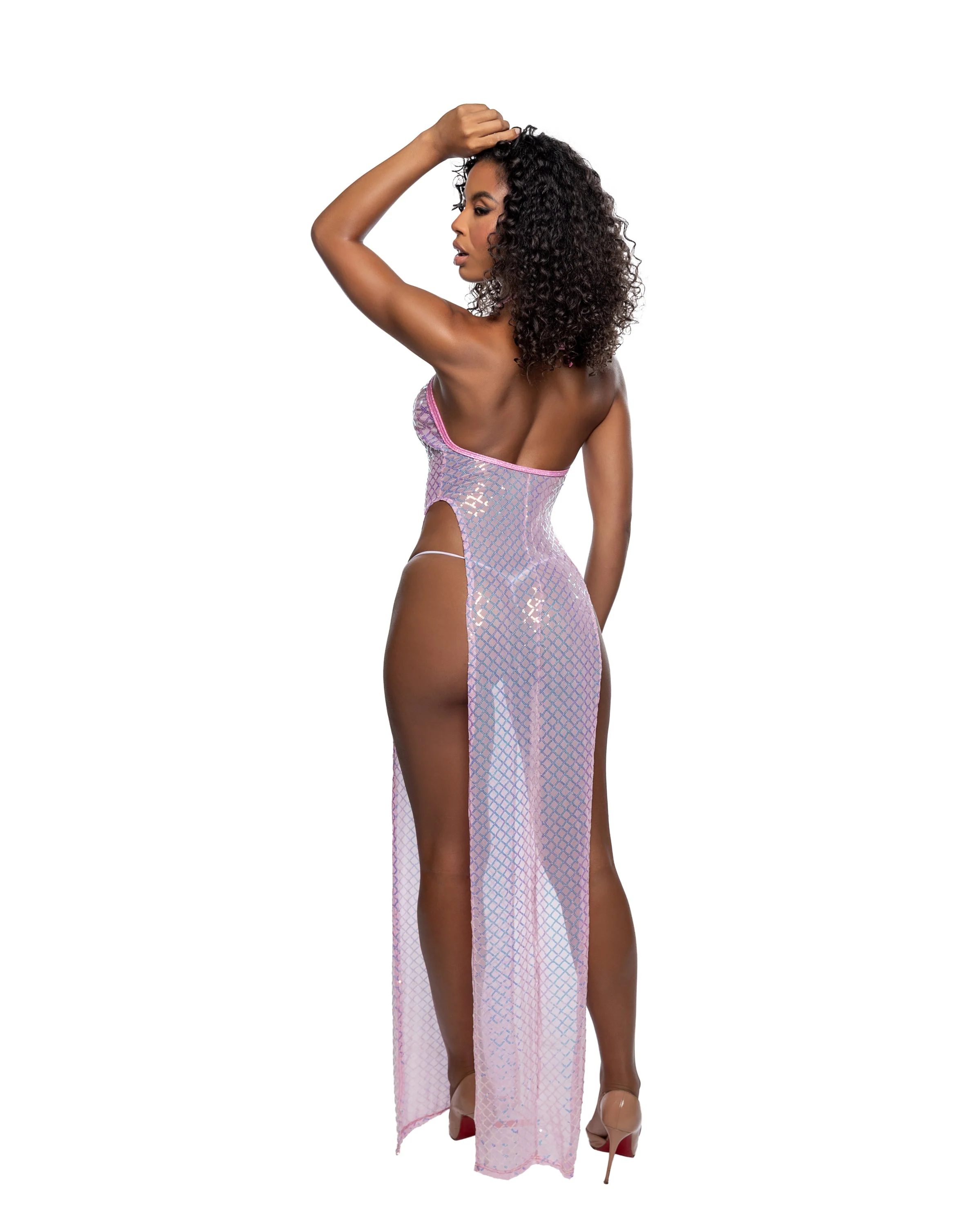 6802 - Long Diamond Sequin Mesh Gown with Slits - Image 2