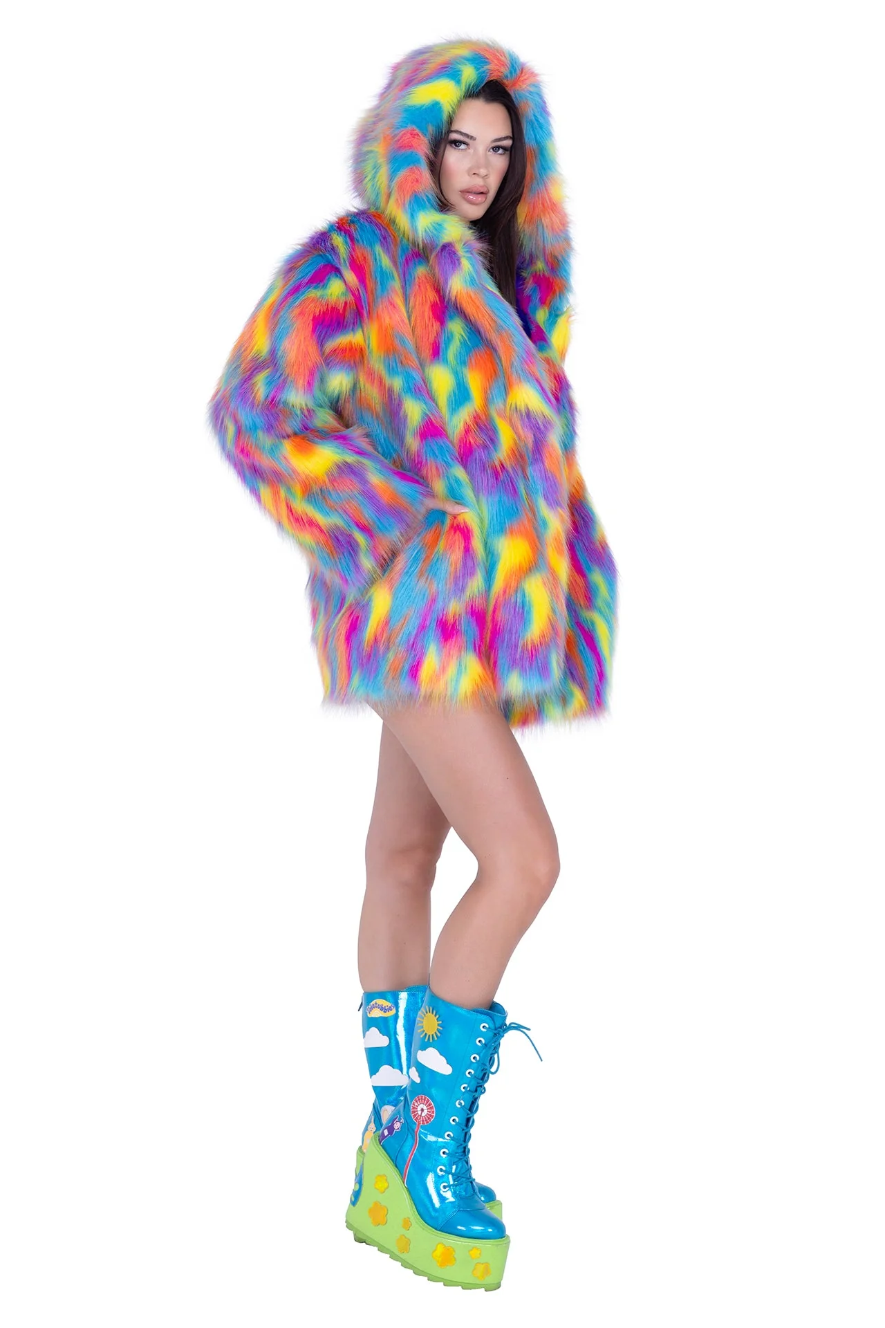 FE293 - Thigh-High Hooded Fur Coat - Image 3
