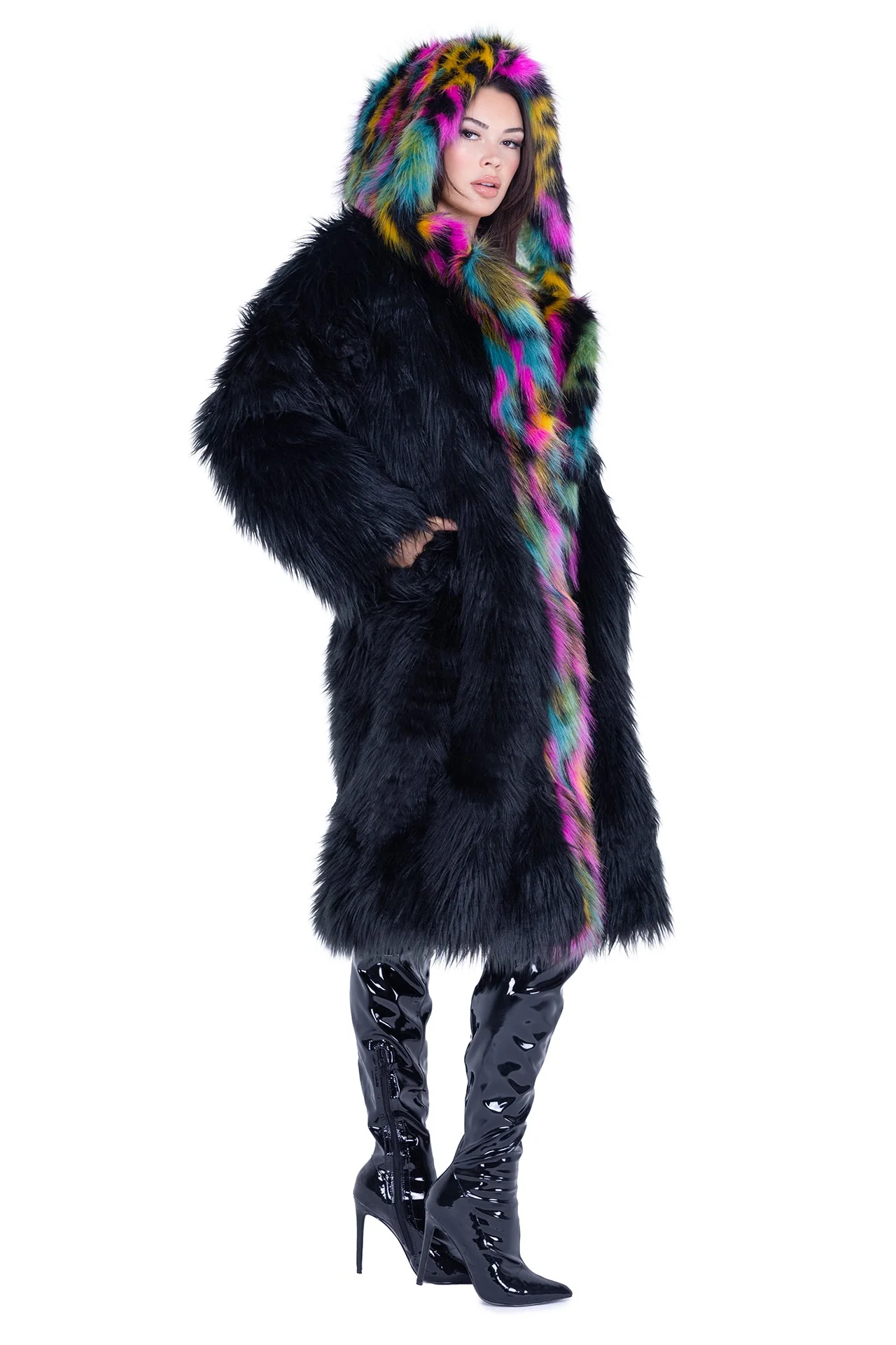 FE294 - Mid-Length Hooded Fur Coat - Image 2