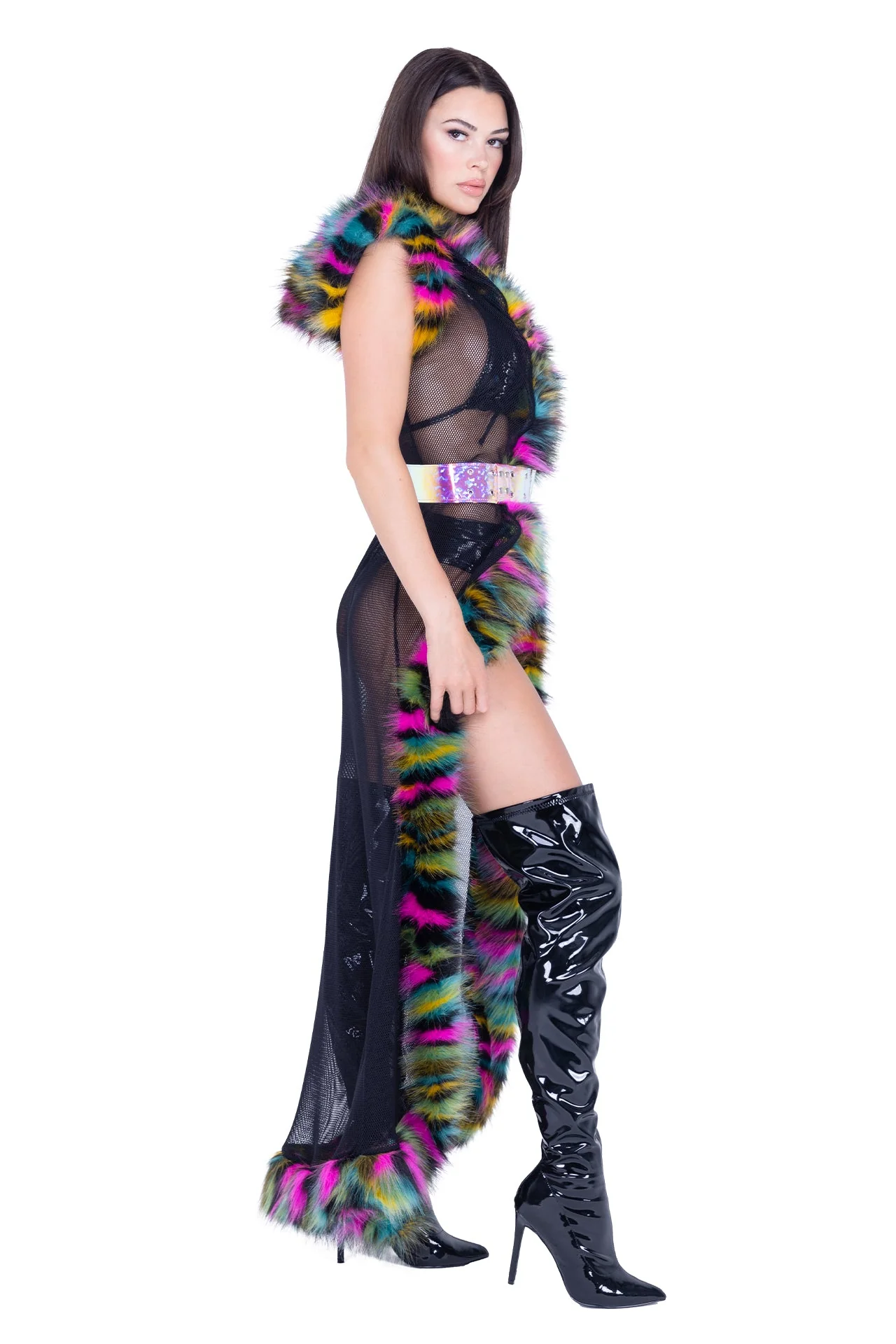 FR156 - Fur Trimmed Fishnet Duster with Belt - Image 2