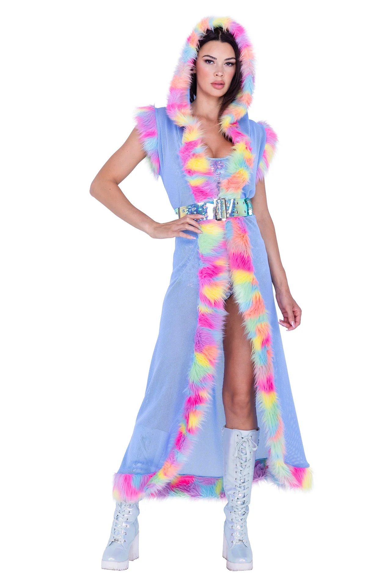 FR156 - Fur Trimmed Fishnet Duster with Belt - Image 3