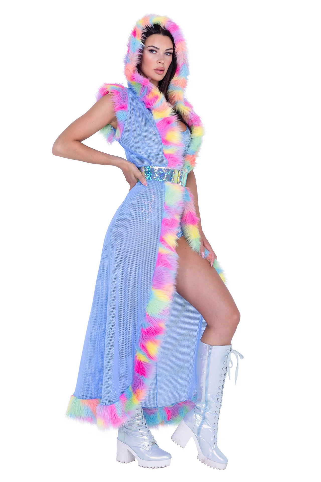 FR156 - Fur Trimmed Fishnet Duster with Belt - Image 4
