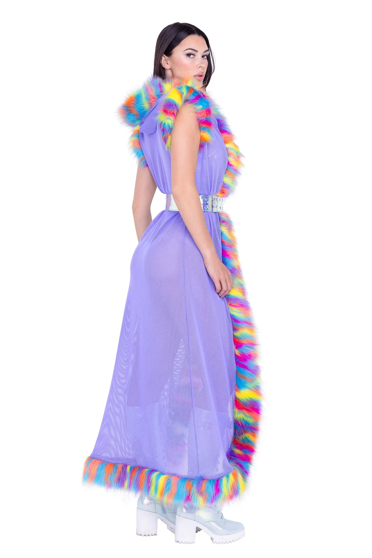 FR156 - Fur Trimmed Fishnet Duster with Belt - Image 6