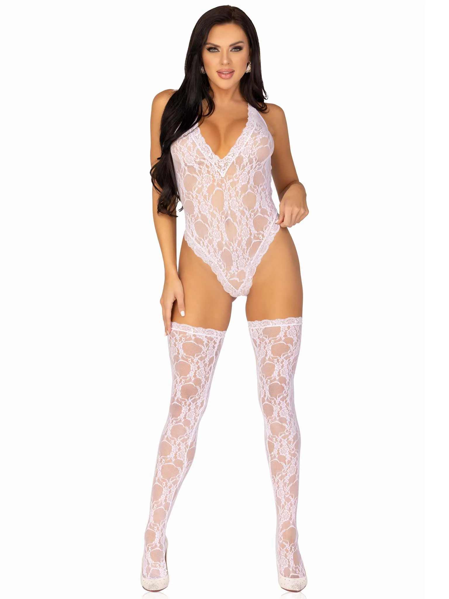 81484 - 2 Pc Floral Lace Deep-V Teddy And Matching Stockings. - Image 3