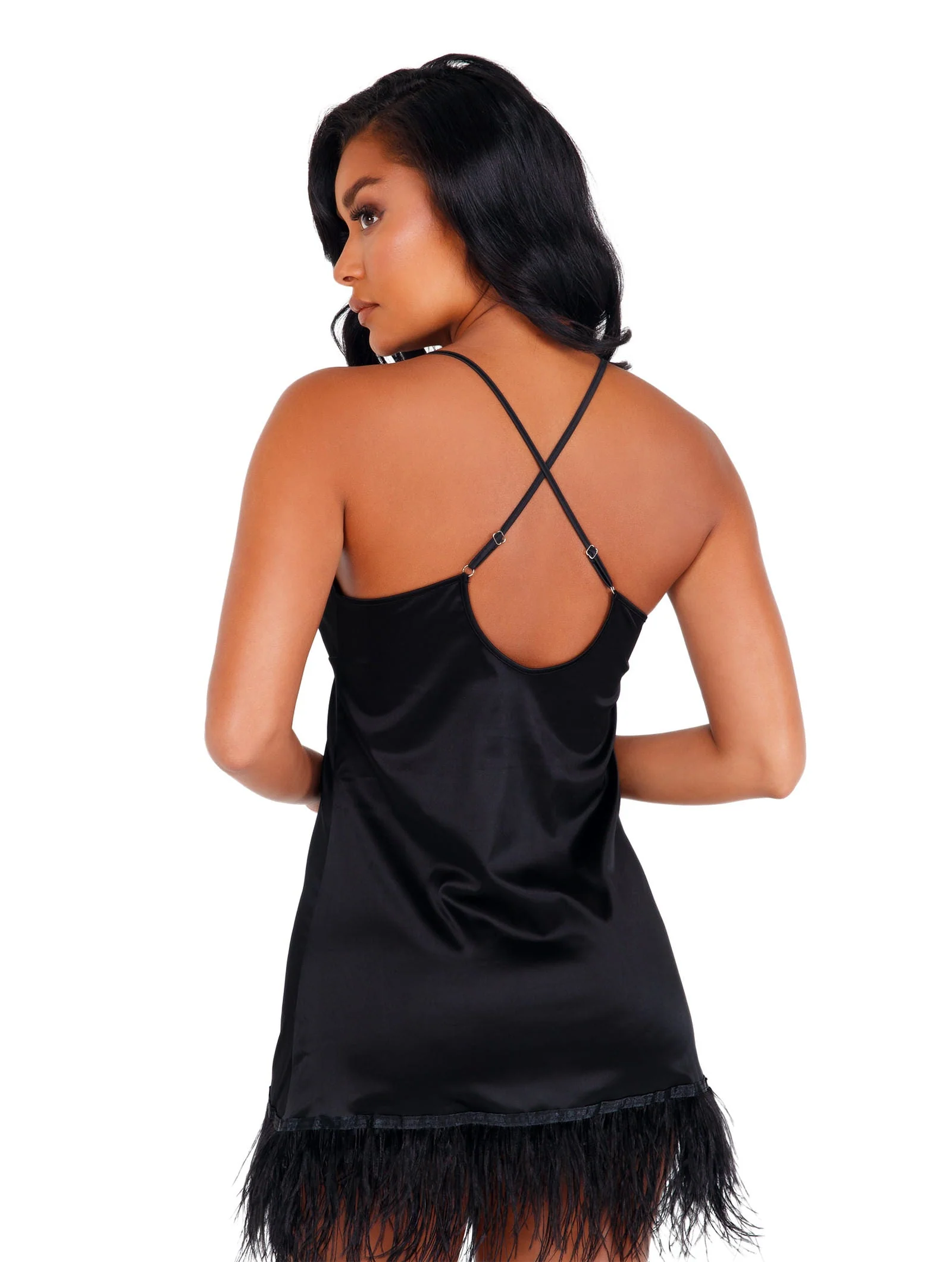 LI400 - Soft Satin Chemise with Ostrich Feathered Trim - Image 4