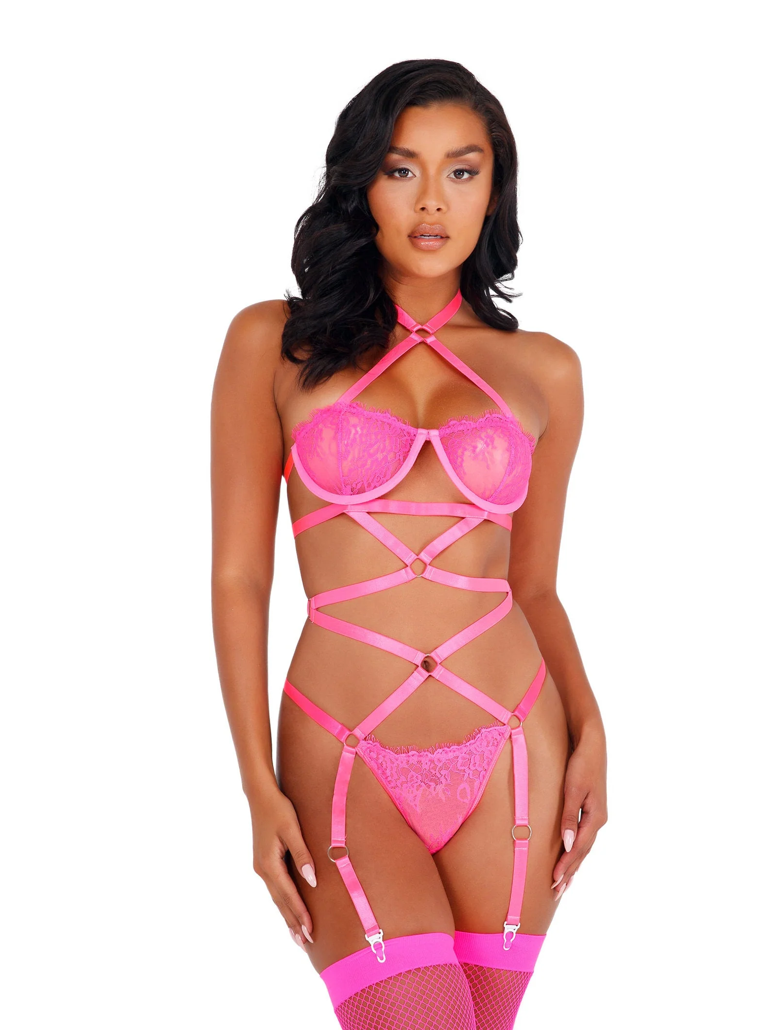 LI421 - Lacey Criss-Cross Underwired Teddy with Garters - Image 9
