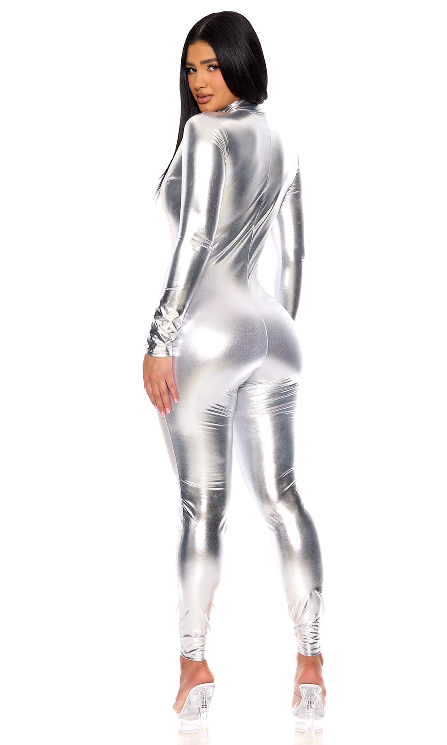 Metallic Mock Neck Zipfront Sexy Catsuit - Image 14