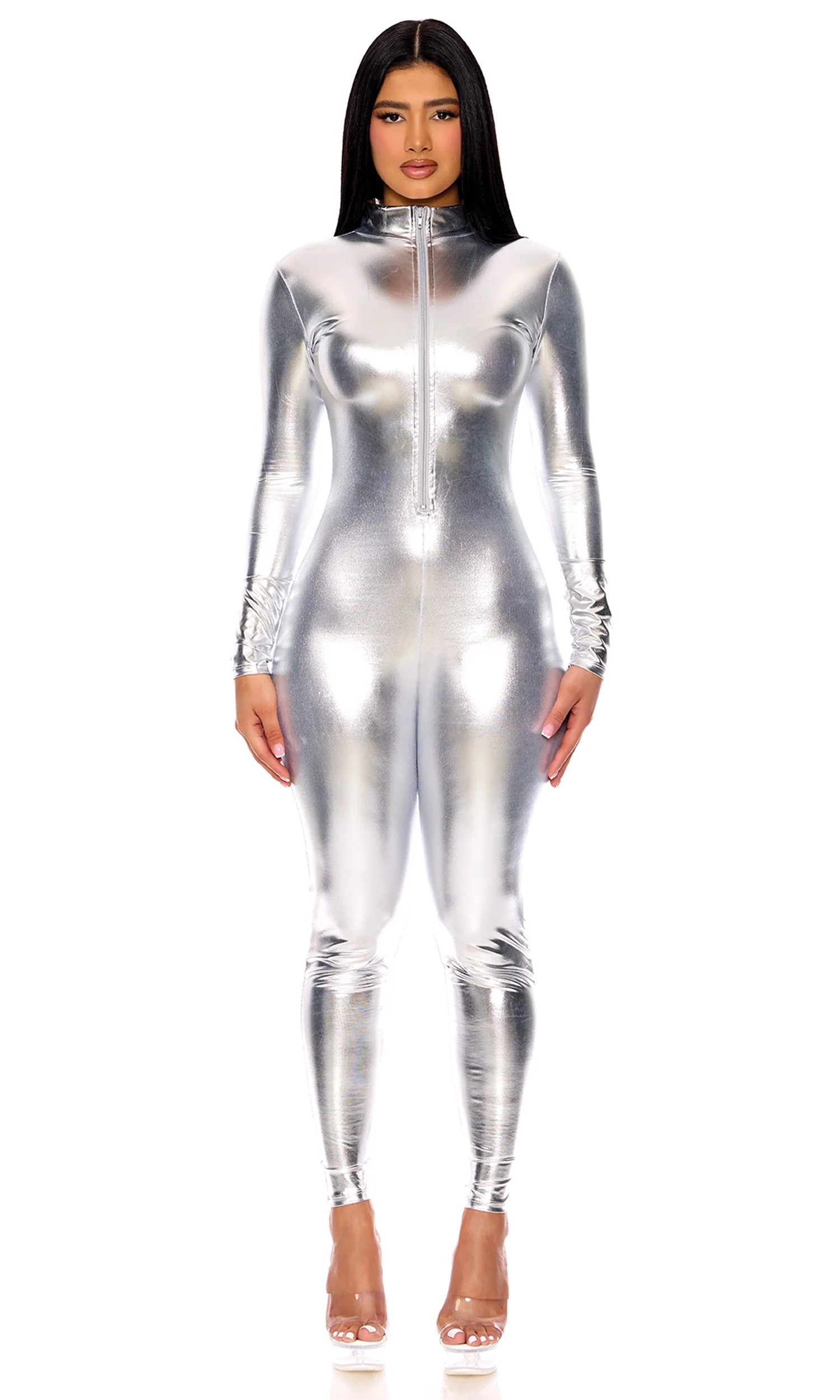 Metallic Mock Neck Zipfront Sexy Catsuit - Image 4