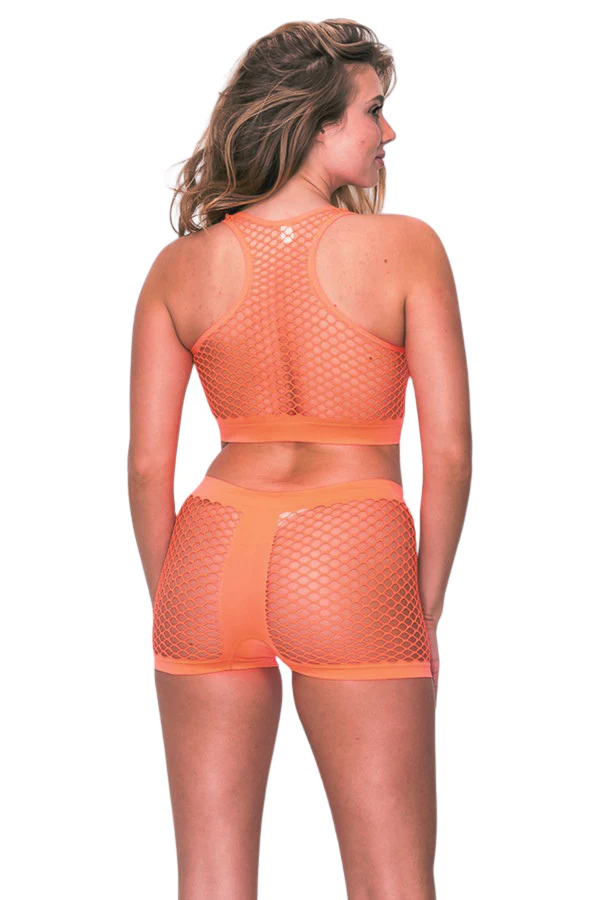 Neon Orange Fishnet Crop Top and Bottoms Set - Image 2