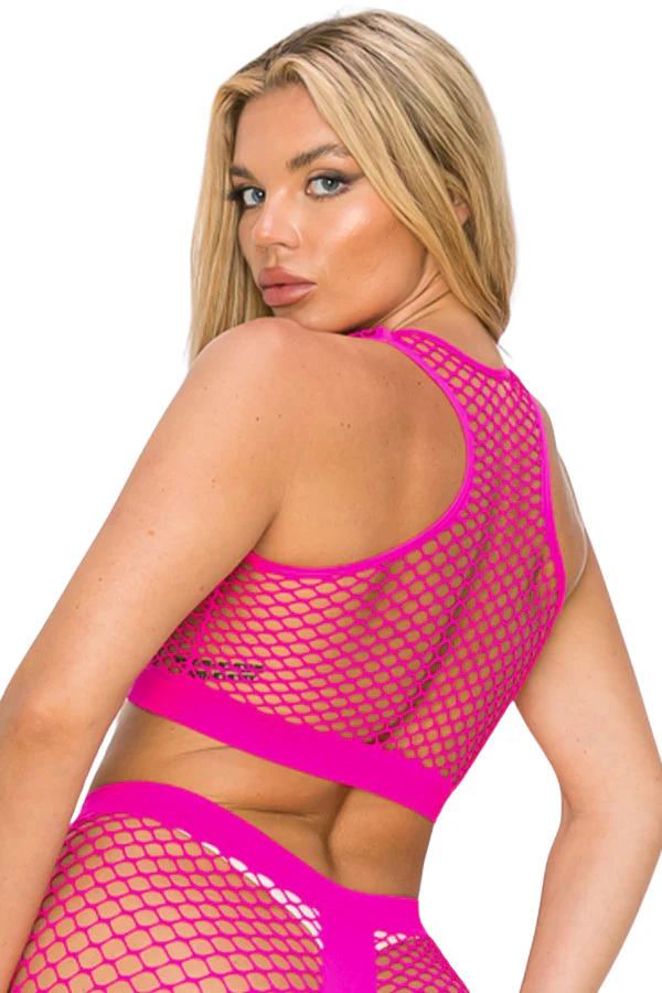 Neon Pink Fishnet Crop Top and Bottoms Set - Image 2