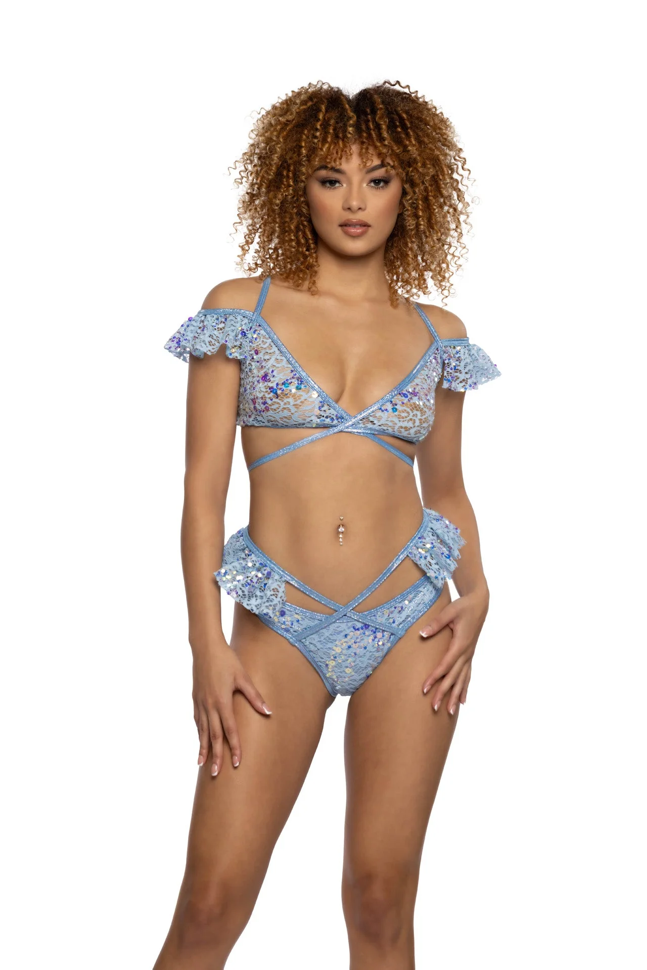 JR128 - Sequin Lace Ruffle Wrap Top - Image 3